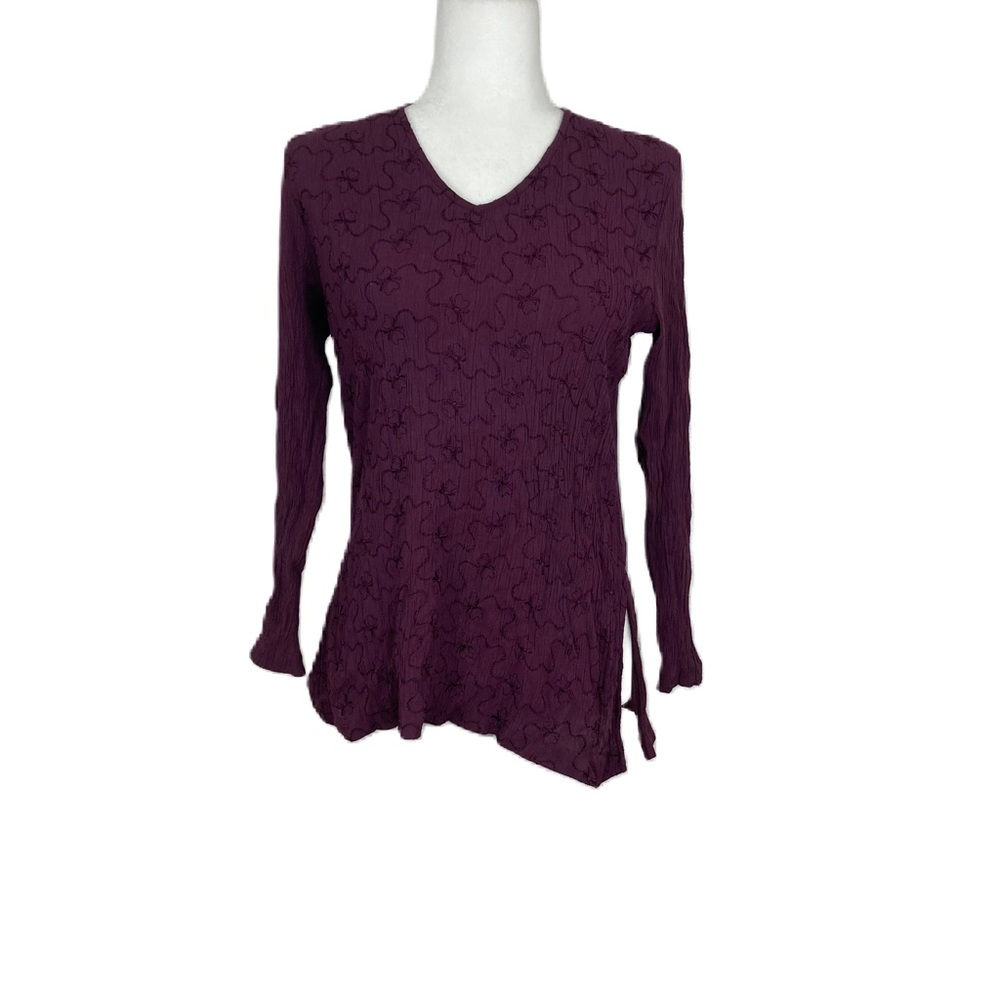 VTG boho Wild Rose Rouched side slit Women’s Long Sleeve Plum burgundy Shirt 12
